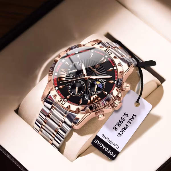 POEDAGAR PD1003B – Men's Luxury Chronograph Watch | Stainless Steel, Waterproof, Luminous